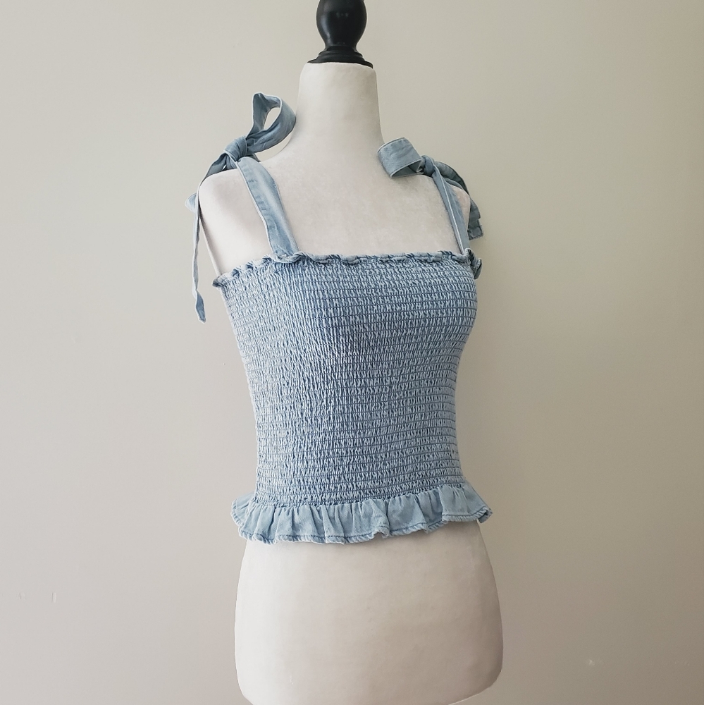 American Eagle Tie Strap Shirred Ruffle Denim Tank Top